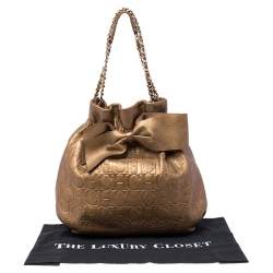 Pre Owned Carolina Herrera Golden Brown Embossed Leather Bow Bucket Shoulder Bag