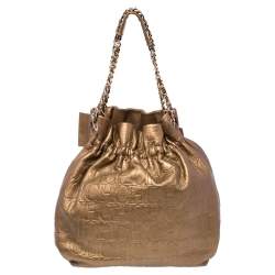 Pre Owned Carolina Herrera Golden Brown Embossed Leather Bow Bucket Shoulder Bag