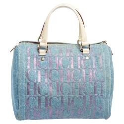 Pre Owned Carolina Herrera Blue Monogram Denim And Leather Andy Boston Bag