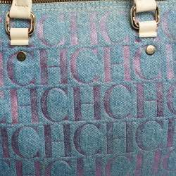 Pre Owned Carolina Herrera Blue Monogram Denim And Leather Andy Boston Bag
