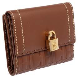 Pre Owned Carolina Herrera Tan Monogram Leather Matryoshka Lock Compact Wallet