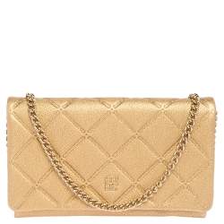 Pre Owned Carolina Herrera Gold Quilted Embossed Leather Flap Chain Clutch