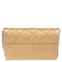 Pre Owned Carolina Herrera Gold Quilted Embossed Leather Flap Chain Clutch