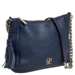 Pre Owned Carolina Herrera Navy Blue Pebbled Leather Maria Shoulder Bag
