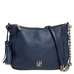 Pre Owned Carolina Herrera Navy Blue Pebbled Leather Maria Shoulder Bag