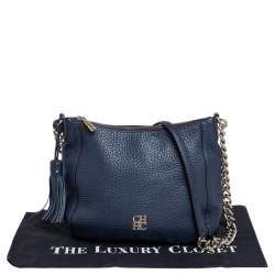 Pre Owned Carolina Herrera Navy Blue Pebbled Leather Maria Shoulder Bag