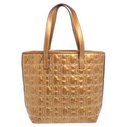 Pre Owned Carolina Herrera Gold Monogram Embossed Leather Tote