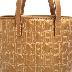 Pre Owned Carolina Herrera Gold Monogram Embossed Leather Tote