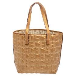Pre Owned Carolina Herrera Gold Monogram Embossed Leather Tote