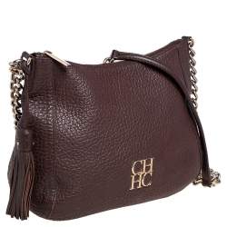 Pre Owned Carolina Herrera Dark Brown Leather Tassel Chain Shoulder Bag