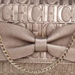 Pre Owned Carolina Herrera Metallic Gold Monogram Embossed Leather Bow Chain Clutch