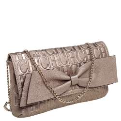Pre Owned Carolina Herrera Metallic Gold Monogram Embossed Leather Bow Chain Clutch
