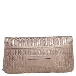 Pre Owned Carolina Herrera Metallic Gold Monogram Embossed Leather Bow Chain Clutch
