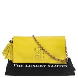 Pre Owned Carolina Herrera Yellow Perforated Logo Leather Flap Tassel Chain Shoulder Bag