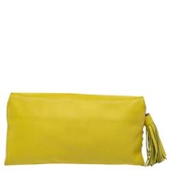 Pre Owned Carolina Herrera Yellow Perforated Logo Leather Flap Tassel Chain Shoulder Bag