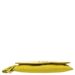 Pre Owned Carolina Herrera Yellow Perforated Logo Leather Flap Tassel Chain Shoulder Bag