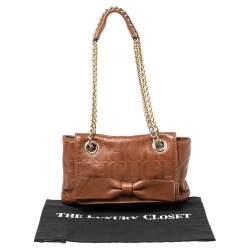 Pre Owned Carolina Herrera Brown Embossed Monogram Leather Bow Chain Shoulder Bag