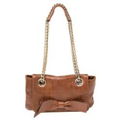 Pre Owned Carolina Herrera Brown Embossed Monogram Leather Bow Chain Shoulder Bag