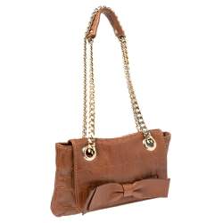 Pre Owned Carolina Herrera Brown Embossed Monogram Leather Bow Chain Shoulder Bag