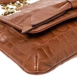 Pre Owned Carolina Herrera Brown Embossed Monogram Leather Bow Chain Shoulder Bag