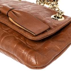 Pre Owned Carolina Herrera Brown Embossed Monogram Leather Bow Chain Shoulder Bag
