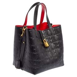 Pre Owned Carolina Herrera Black Monogram Embossed Leather Small Matryoshka Locked Tote