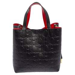Pre Owned Carolina Herrera Black Monogram Embossed Leather Small Matryoshka Locked Tote