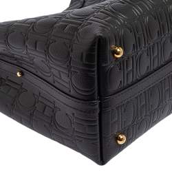 Pre Owned Carolina Herrera Black Monogram Embossed Leather Small Matryoshka Locked Tote