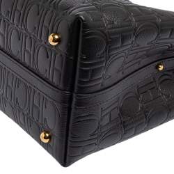 Pre Owned Carolina Herrera Black Monogram Embossed Leather Small Matryoshka Locked Tote