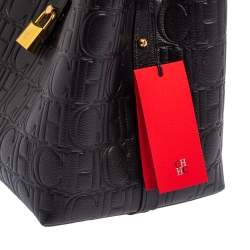 Pre Owned Carolina Herrera Black Monogram Embossed Leather Small Matryoshka Locked Tote