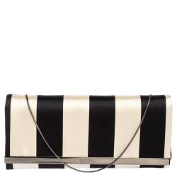 Pre Owned Carolina Herrera Black/White Striped Satin Chain Clutch