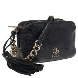 Pre Owned Carolina Herrera Black Pebbled Leather Camera Tassel Shoulder Bag