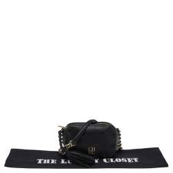 Pre Owned Carolina Herrera Black Pebbled Leather Camera Tassel Shoulder Bag