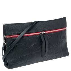 Pre Owned Carolina Herrera Black Monogram Embossed Leather Front Zip Crossbody Bag