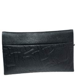 Pre Owned Carolina Herrera Black Monogram Embossed Leather Front Zip Crossbody Bag