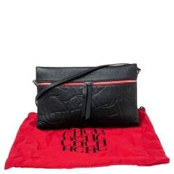 Pre Owned Carolina Herrera Black Monogram Embossed Leather Front Zip Crossbody Bag