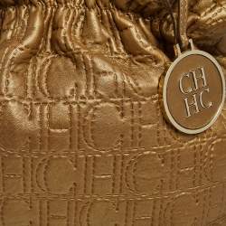 Pre Owned Carolina Herrera Gold Monogram Embossed Leather Bucket Bag