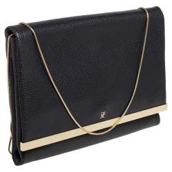Pre Owned Carolina Herrera Black Leather Metal Flap Chain Clutch