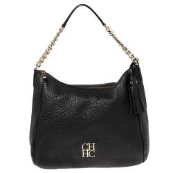 Pre Owned Carolina Herrera Black Leather Chain Tassel Hobo