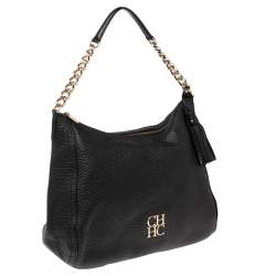Pre Owned Carolina Herrera Black Leather Chain Tassel Hobo