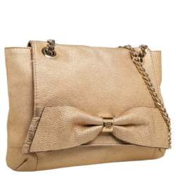 Pre Owned Carolina Herrera Metallic Gold Leather Bow Flap Shoulder Bag