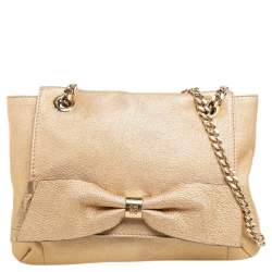Pre Owned Carolina Herrera Metallic Gold Leather Bow Flap Shoulder Bag