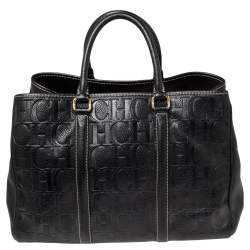 Pre Owned Carolina Herrera Black Embossed Monogram Leather Andy Tote