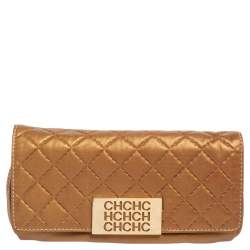 Pre Owned Carolina Herrera Metallic Gold Quilted Leather Clutch