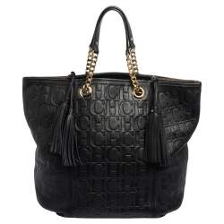 Pre Owned Carolina Herrera Black Monogram Leather Tassel Tote 
