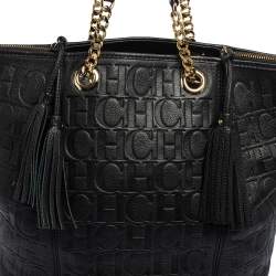 Pre Owned Carolina Herrera Black Monogram Leather Tassel Tote 