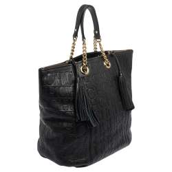 Pre Owned Carolina Herrera Black Monogram Leather Tassel Tote 