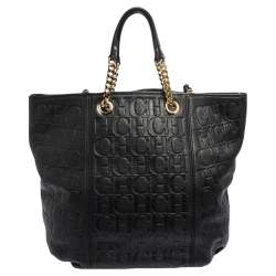 Pre Owned Carolina Herrera Black Monogram Leather Tassel Tote 