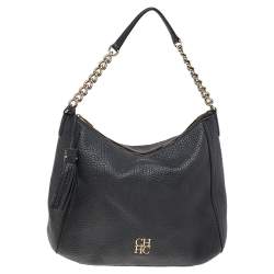 Pre Owned Carolina Herrera Black Pebbled Leather Chain Shoulder Bag