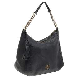 Pre Owned Carolina Herrera Black Pebbled Leather Chain Shoulder Bag
